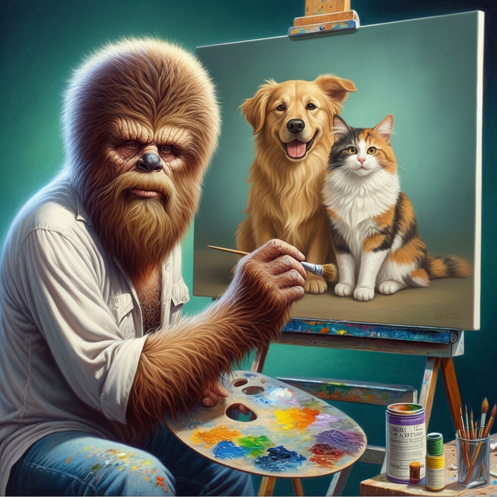 Sasquatch Painting Dog and Cat
