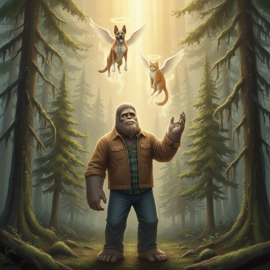 Sasquatch with German Shepherd and Cat Angels