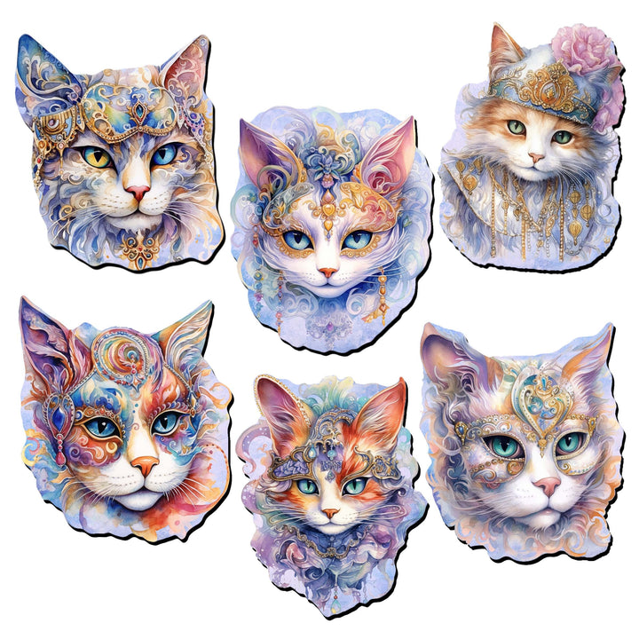 Cats Masks Clip-On Eco Wood Decorative Ornaments Set of 6 by G. Debrekht - Christmas Decor - 8090033C-S6