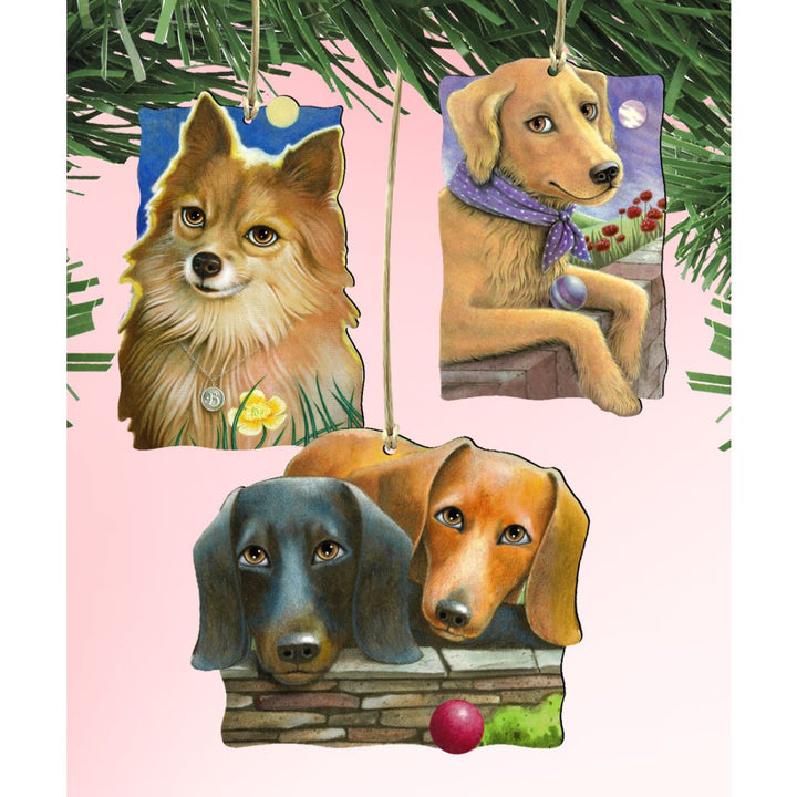 Doggie Companions Wooden Ornaments Set of 3 by Laura Seeley - Pets Dog and Cats Decor - 8100092S3-LS