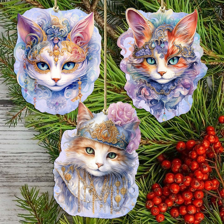 Beautiful Cats Decorative Eco Wood Ornaments Set of 3 by G. Debrekht - Christmas Decor - 8091033-S3
