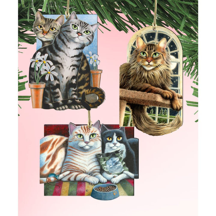 Gazing Cats Wooden Ornaments Set of 3 by Laura Seeley - Pets Dog and Cats Decor - 8100098S3-LS