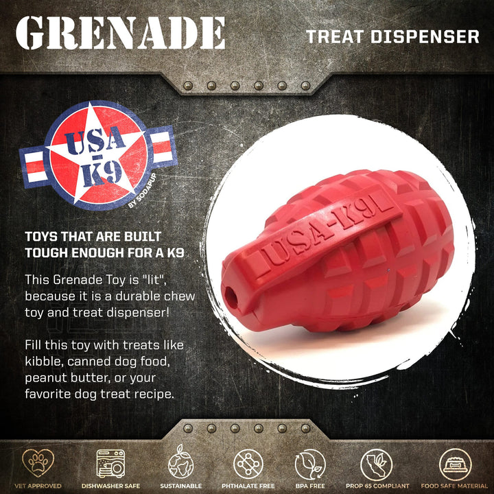 USA-K9 Grenade Shaped eDispenser Durable Dog Chew Toy &amp; Treat Dispenser - Army Green