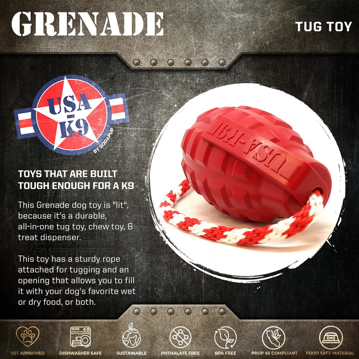 USA-K9 Grenade Shaped Rubber Dog Toy - Chew, Treat Dispenser &amp; Tug Toy | USA - Army Green