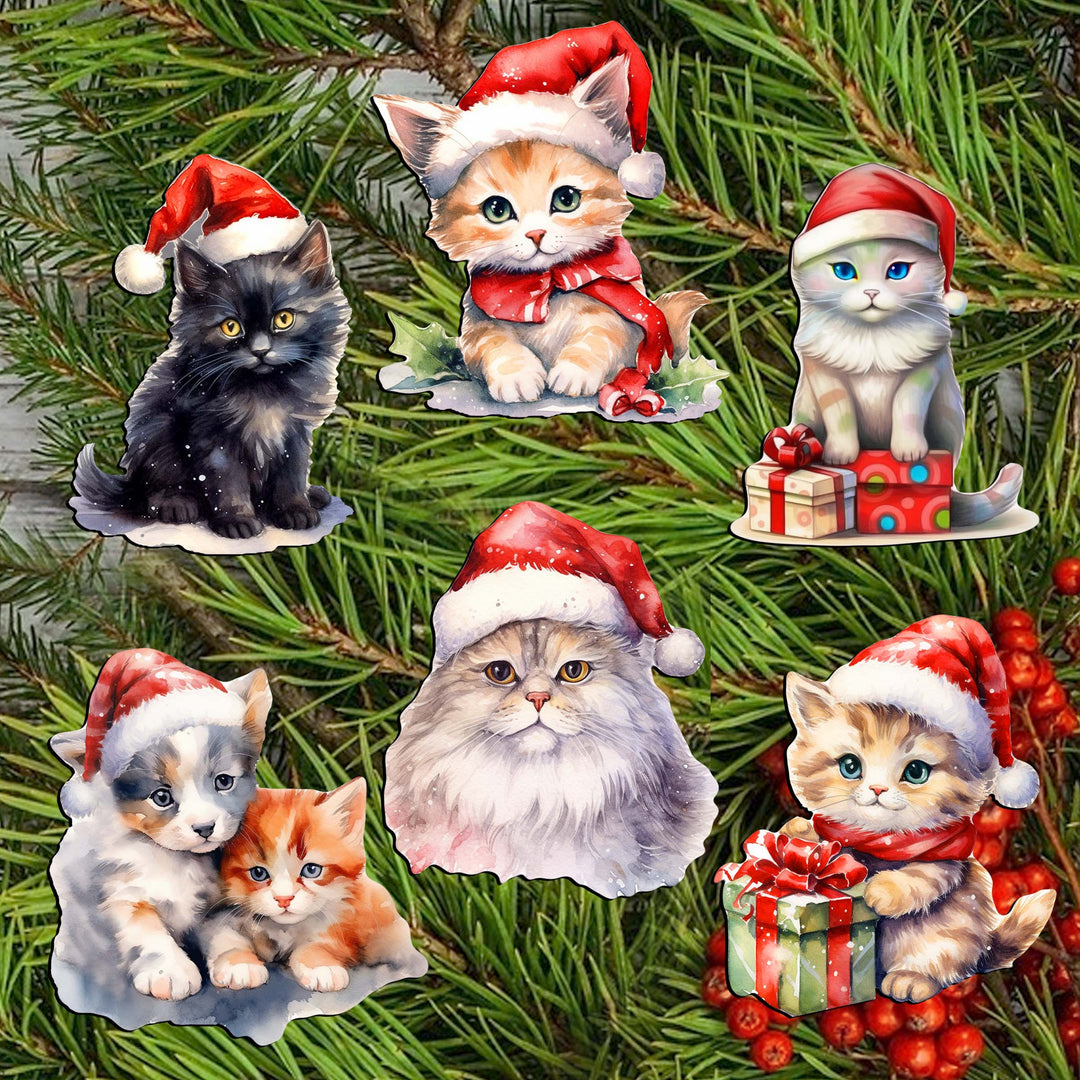 Christmas Cats Clip-On Eco Wood Decorative Ornaments Set of 6 by G. Debrekht - Christmas Decor - 8090016C-S6