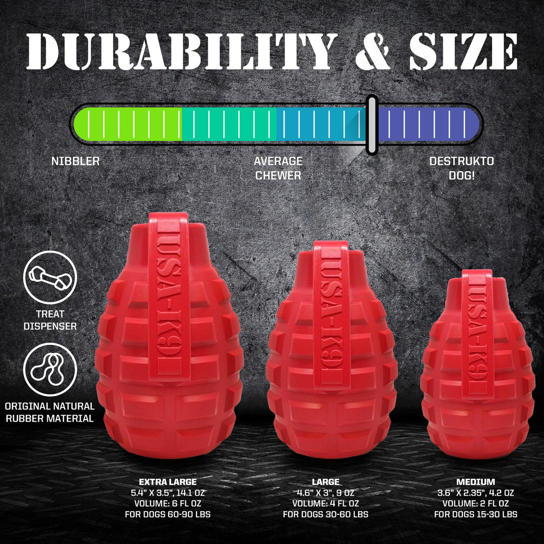 USA-K9 Grenade Shaped eDispenser Durable Dog Chew Toy &amp; Treat Dispenser - Magnum Black