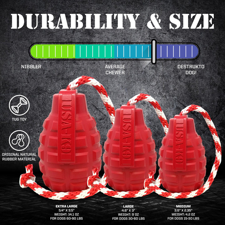 USA-K9 Grenade Shaped Rubber Dog Toy - Chew, Treat Dispenser &amp; Tug Toy | USA - Army Green