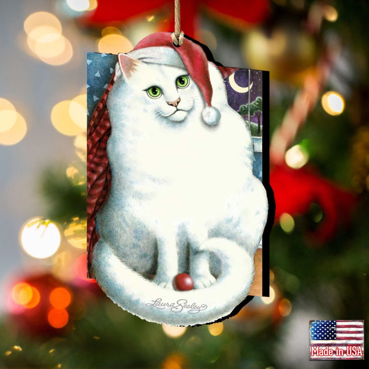Marshmallow Santa Cat Wooden Ornaments Pets by Laura Seeley - Pets Dog and Cats Decor - 8512058-LS