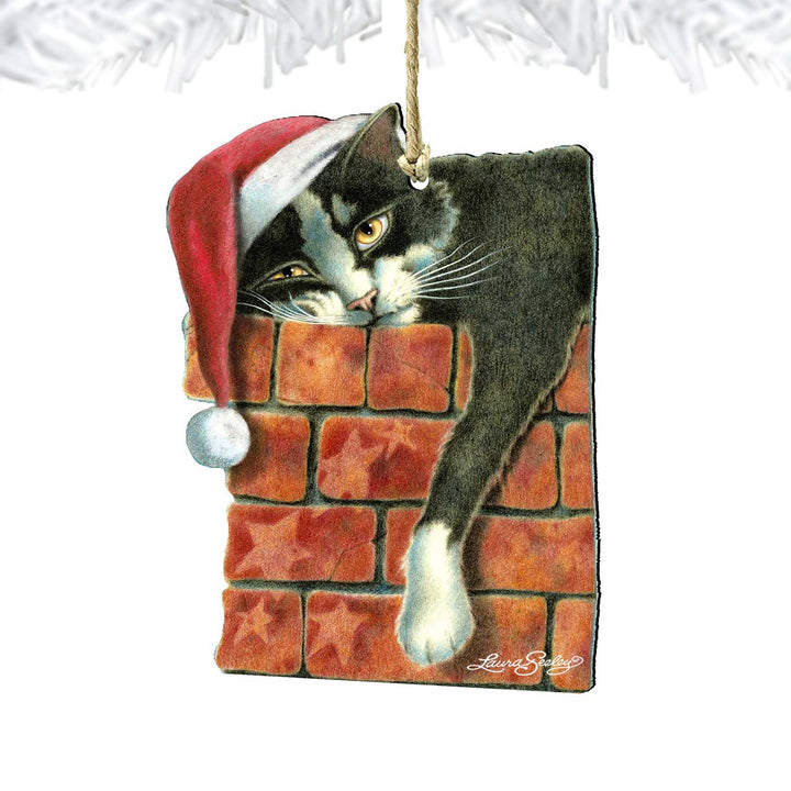 Peeking Tom Santa Cat Wooden Ornaments - Tree Ornament by Laura Seeley - Pets Dog and Cats Decor - 8512062-LS