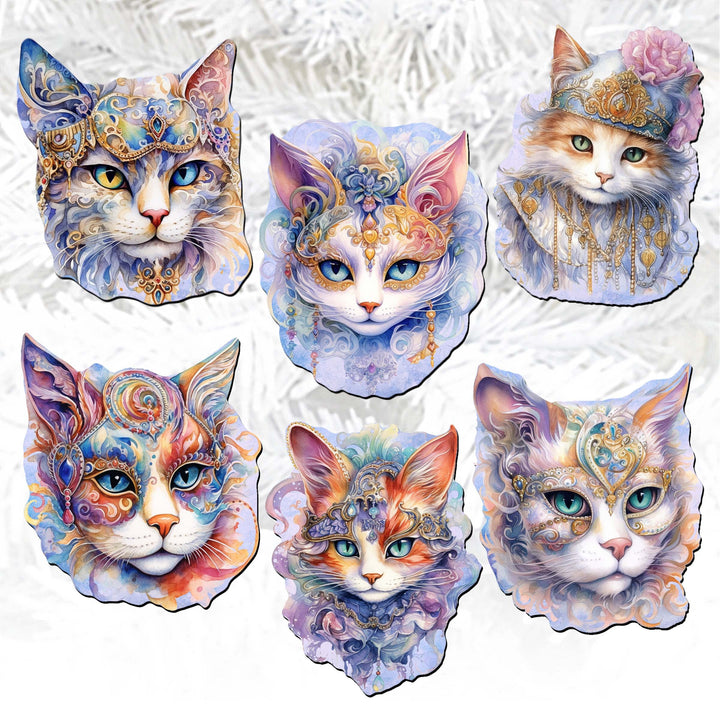 Cats Masks Clip-On Eco Wood Decorative Ornaments Set of 6 by G. Debrekht - Christmas Decor - 8090033C-S6