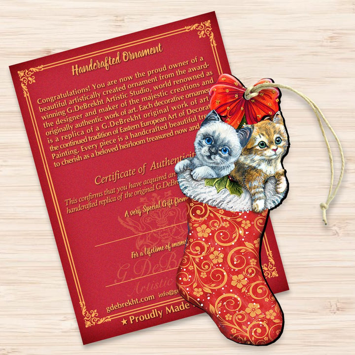 Kitty Cats Christmas Stocking Wooden Ornaments by G. DeBrekht - Christmas Santa Snowman Decor - 8114021
