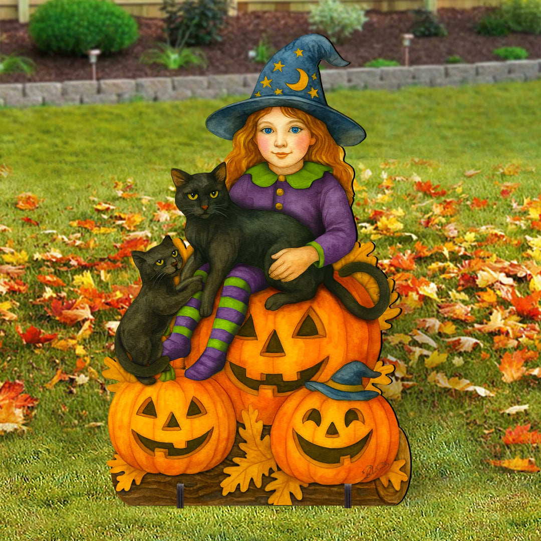 Halloween Witch with Black Cats Freestanding Outdoor Décor – Handcrafted Wooden Yard Display by G. DeBrekht – 8652838F