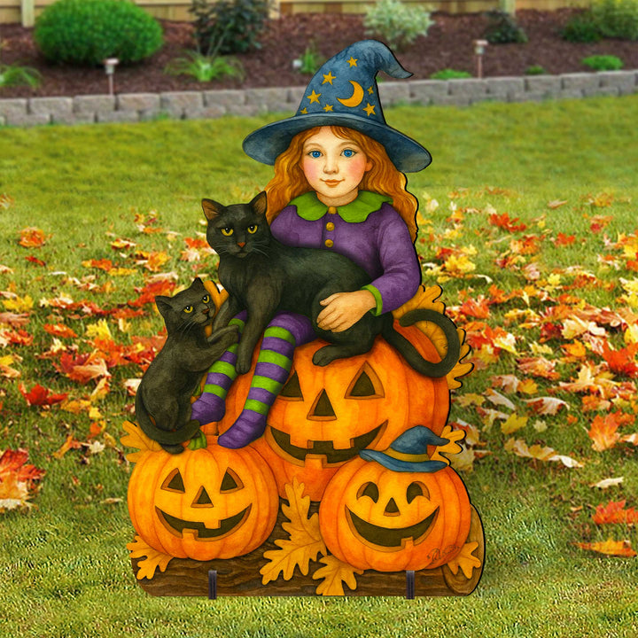 Halloween Witch with Black Cats Freestanding Outdoor Décor – Handcrafted Wooden Yard Display by G. DeBrekht – 8652838F