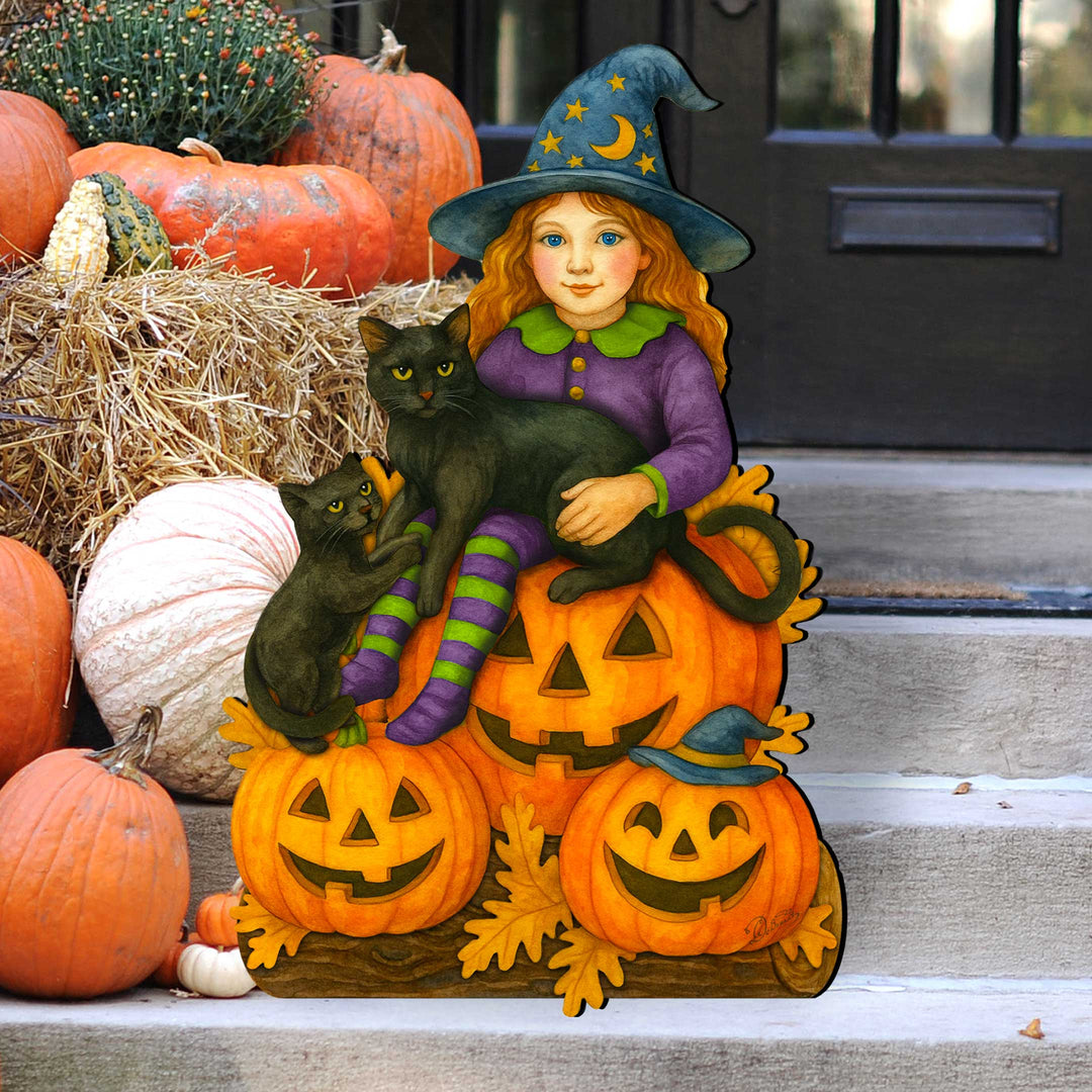 Halloween Witch with Black Cats Door Hanger – Handcrafted Wooden Door Décor by G. DeBrekht – 8652838H