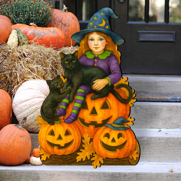Halloween Witch with Black Cats Door Hanger – Handcrafted Wooden Door Décor by G. DeBrekht – 8652838H