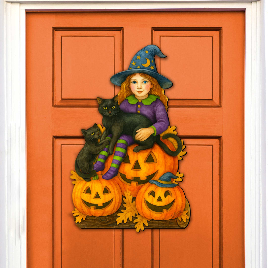 Halloween Witch with Black Cats Door Hanger – Handcrafted Wooden Door Décor by G. DeBrekht – 8652838H