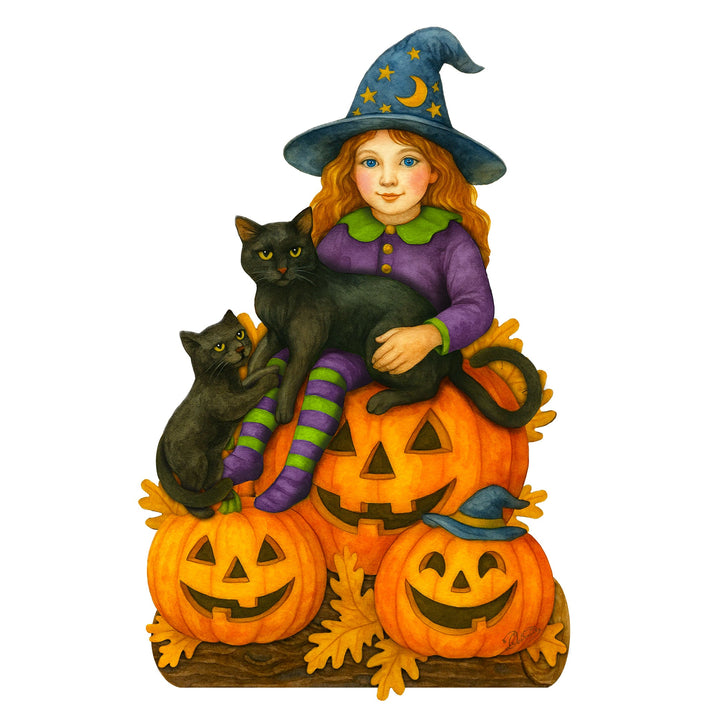 Halloween Witch with Black Cats Door Hanger – Handcrafted Wooden Door Décor by G. DeBrekht – 8652838H