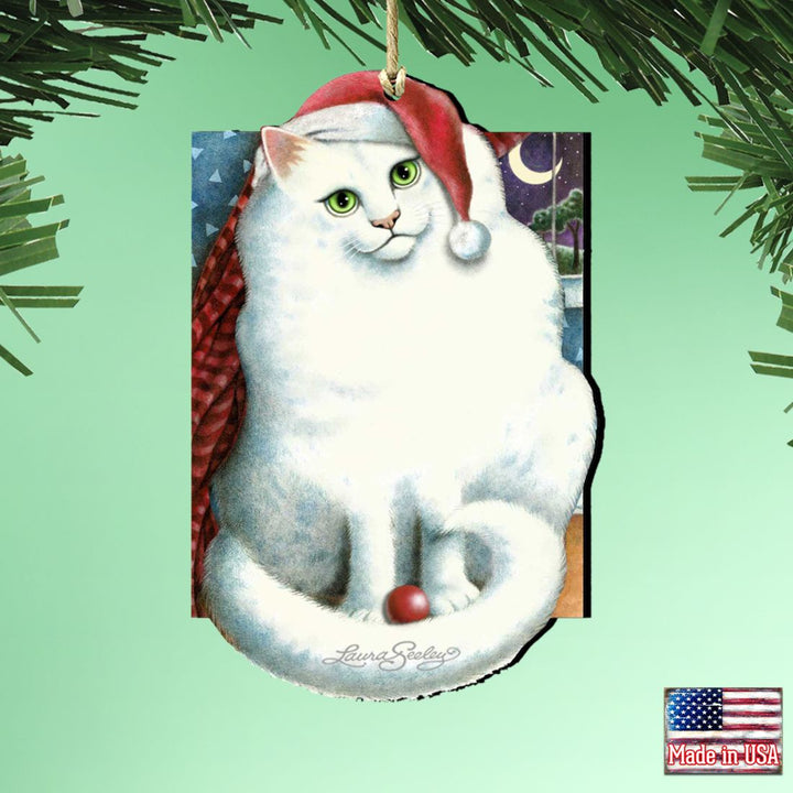 Marshmallow Santa Cat Wooden Ornaments Pets by Laura Seeley - Pets Dog and Cats Decor - 8512058-LS