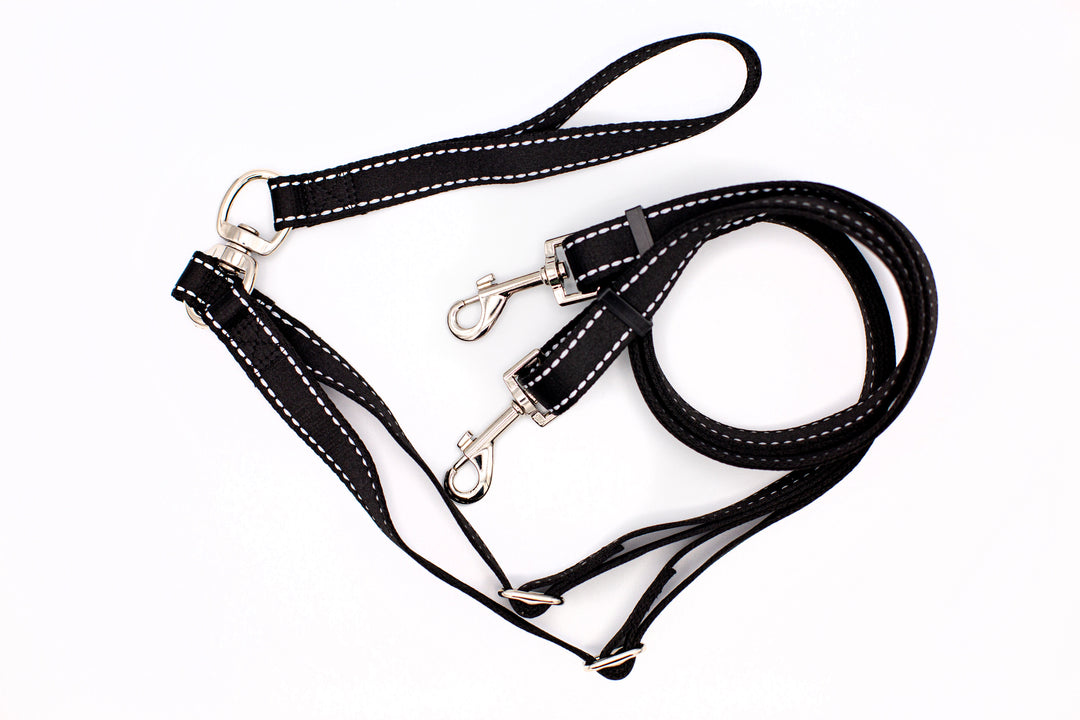 Outdoor Style Black Reflective Adjustable Double Leash