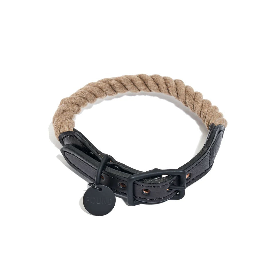 Found My Animal Matte Black/Natural Rope &amp; Leather Collar Large