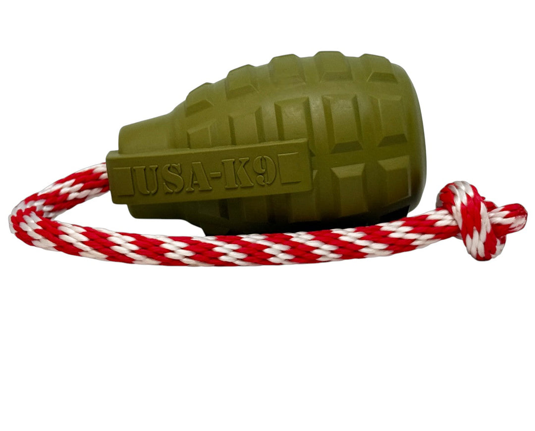 USA-K9 Grenade Shaped Rubber Dog Toy - Chew, Treat Dispenser &amp; Tug Toy | USA - Army Green