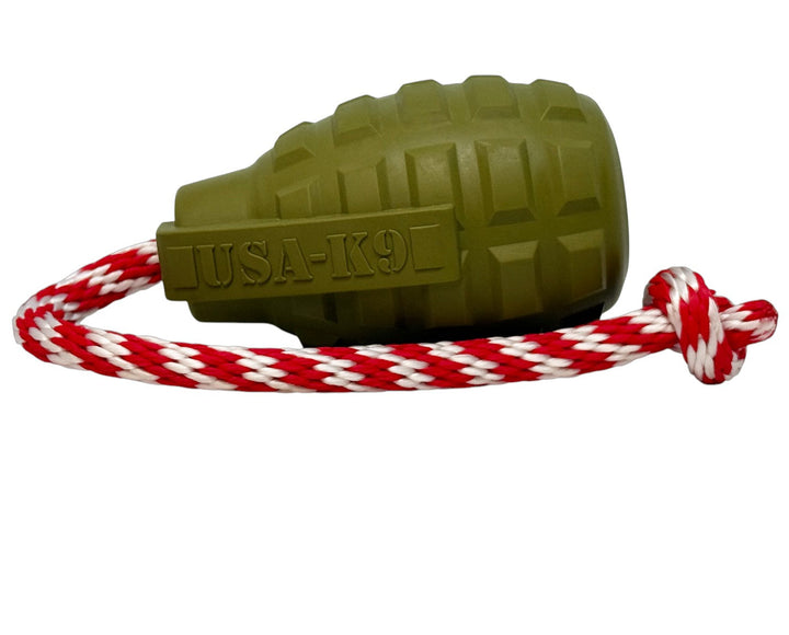USA-K9 Grenade Shaped Rubber Dog Toy - Chew, Treat Dispenser &amp; Tug Toy | USA - Army Green