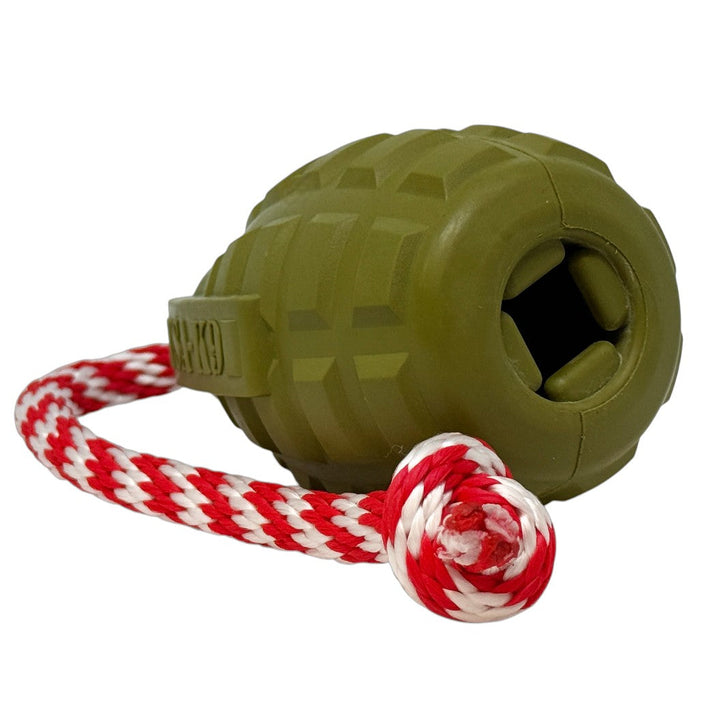USA-K9 Grenade Shaped Rubber Dog Toy - Chew, Treat Dispenser &amp; Tug Toy | USA - Army Green