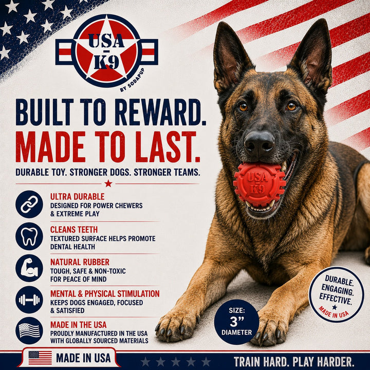 USA-K9 Stars and Stripes Rubber Dog Toy | K9 Handler Reward Toy | Red | USA Made