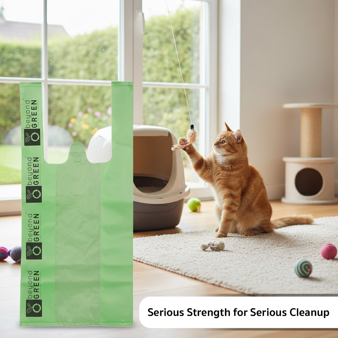 Green Cat Litter Bags – 8" x 16" with 5" Gusset &amp; Handles – Made in USA