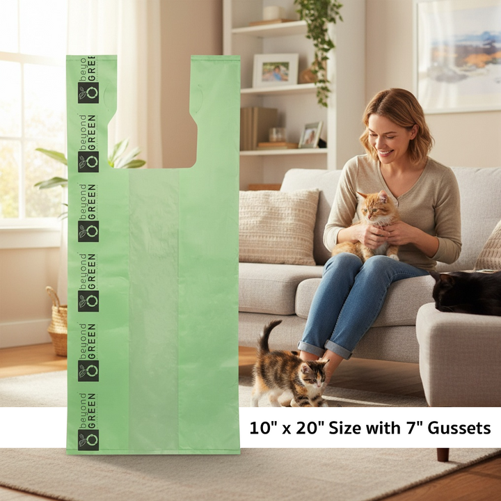Large Green Cat Litter Bags – 10" x 20" with 7" Gusset &amp; Handles – Made in USA