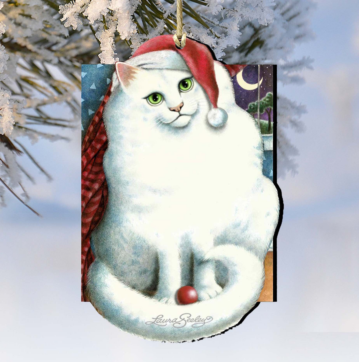 Marshmallow Santa Cat Wooden Ornaments Pets by Laura Seeley - Pets Dog and Cats Decor - 8512058-LS