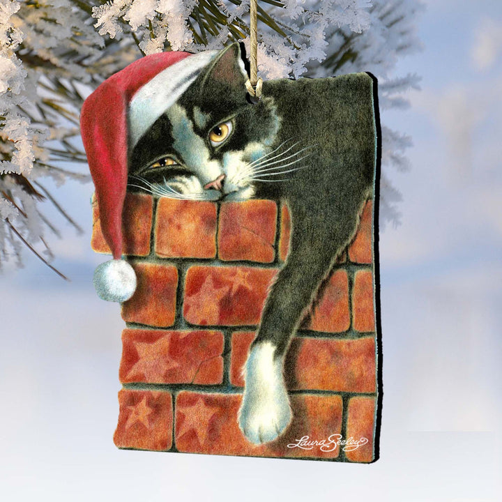 Peeking Tom Santa Cat Wooden Ornaments - Tree Ornament by Laura Seeley - Pets Dog and Cats Decor - 8512062-LS