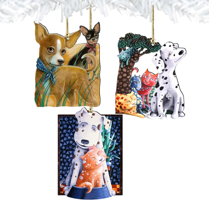 Whimsical Dogs Set Wooden Ornaments Set of 3 by Laura Seeley - Pets Dog and Cats Decor - 8100093S3-LS