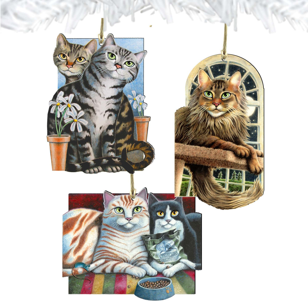 Gazing Cats Wooden Ornaments Set of 3 by Laura Seeley - Pets Dog and Cats Decor - 8100098S3-LS
