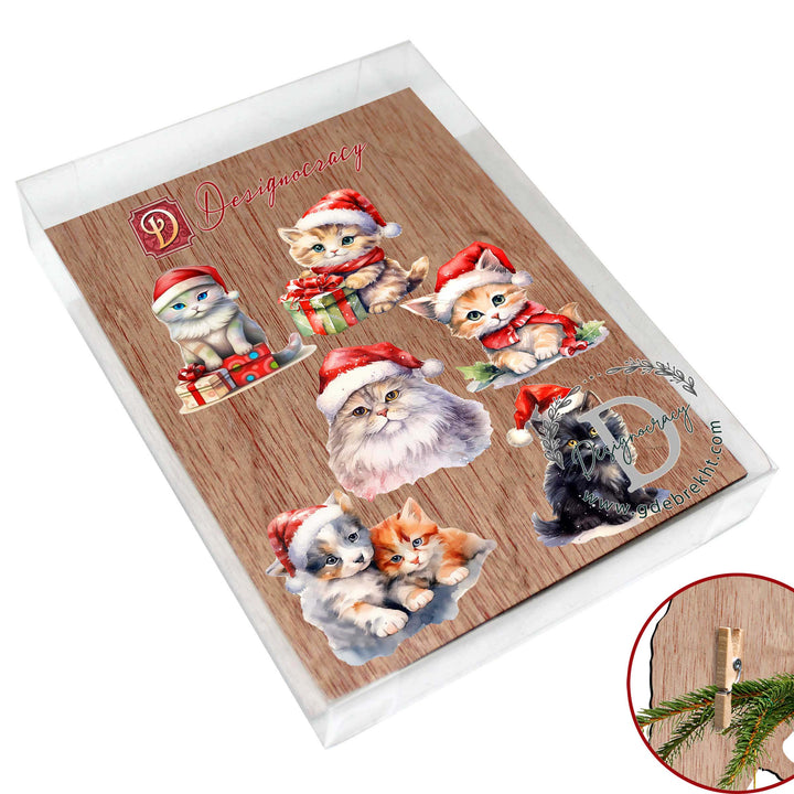Christmas Cats Clip-On Eco Wood Decorative Ornaments Set of 6 by G. Debrekht - Christmas Decor - 8090016C-S6