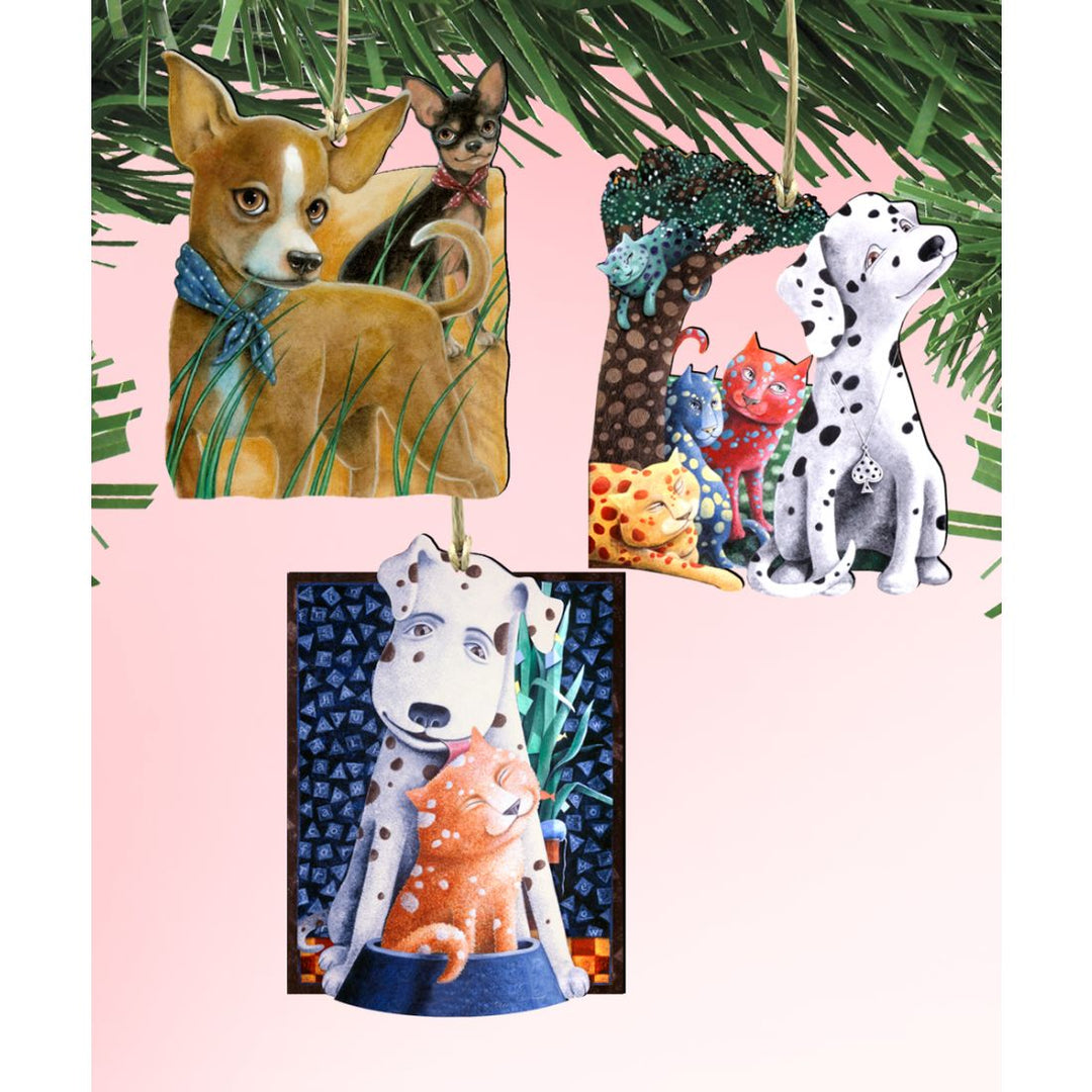 Whimsical Dogs Set Wooden Ornaments Set of 3 by Laura Seeley - Pets Dog and Cats Decor - 8100093S3-LS