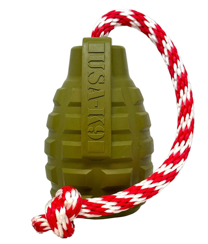 USA-K9 Grenade Shaped Rubber Dog Toy - Chew, Treat Dispenser &amp; Tug Toy | USA - Army Green